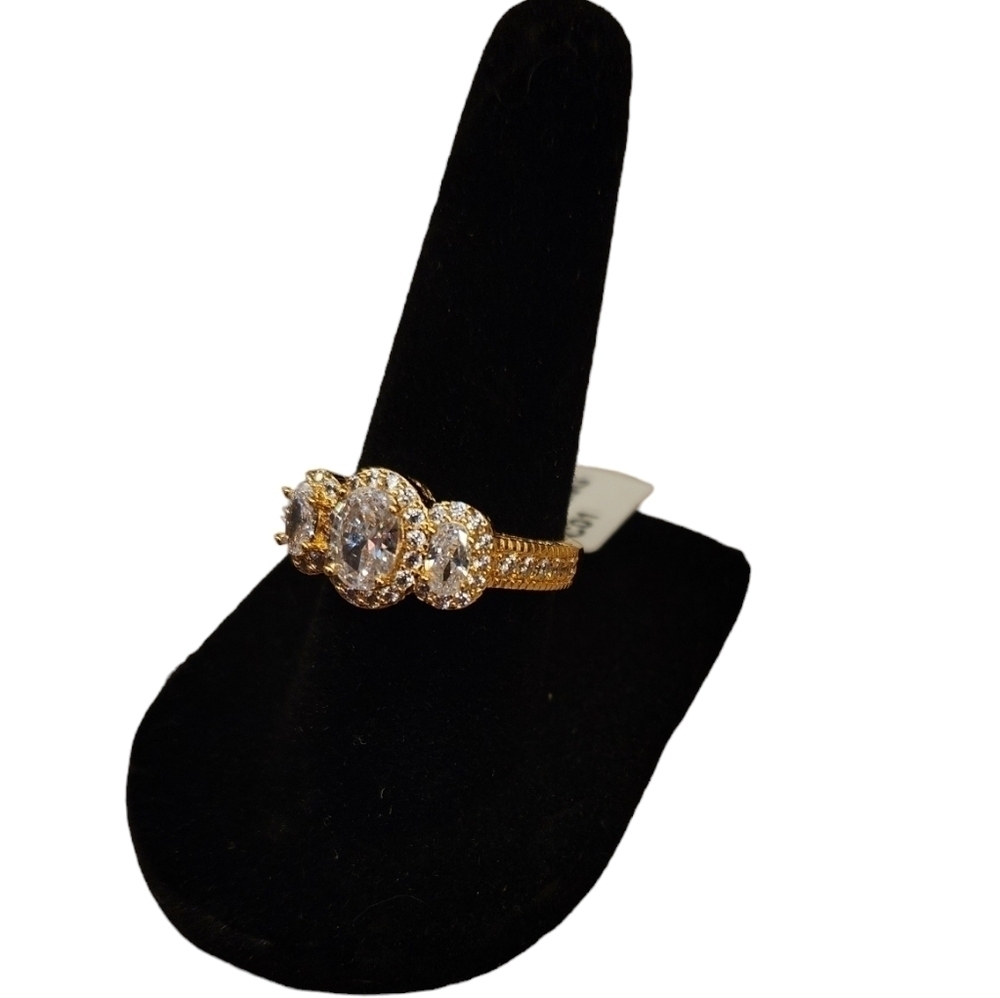 18K Gold Plated 3-Stone Simulated Diamond Halo Ring, 1.65 Ct, NEW - Picture 3 of 6